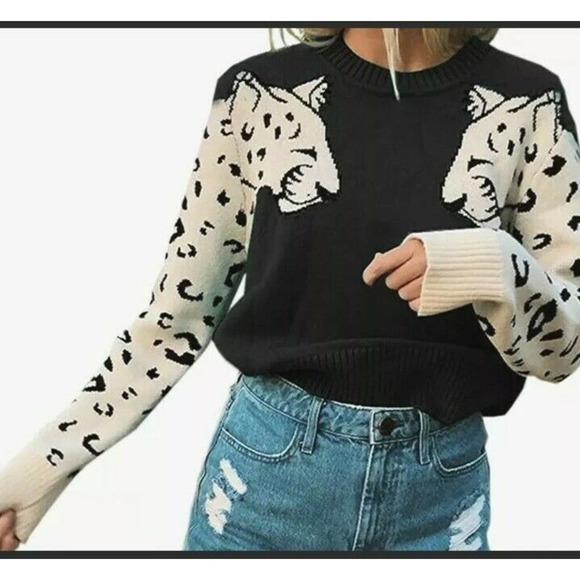 Cheetah Print Women’s Sweater Size X Large Angashion Knitted Black New With Tags - Picture 7 of 7